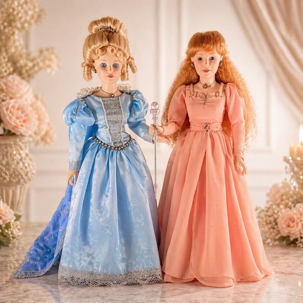 Cinderella & Fairy Godmother Porcelain Dolls 24" Set Franklin Mint 1987
